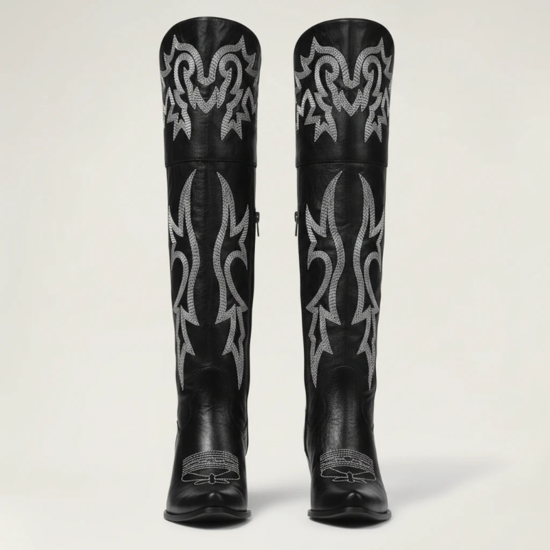 Yehaw BEATRICE black vegan leather knee-high cowgirl boots with white western embroidery and a pointed toe.