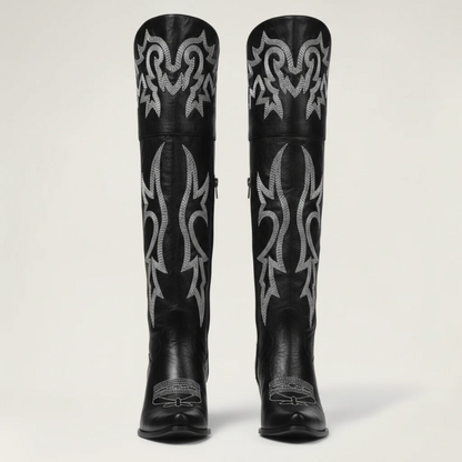 Yehaw BEATRICE black vegan leather knee-high cowgirl boots with white western embroidery and a pointed toe.