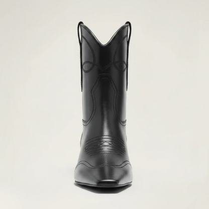 Yehaw BERTA black vegan leather ankle cowgirl boots with a square toe and medium heel for women.