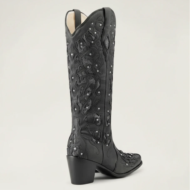 Yehaw BERNARDA black vegan leather mid-calf cowgirl boots with intricate embroidery and sparkling rhinestone details.