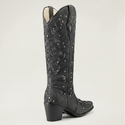 Yehaw BERNARDA black vegan leather mid-calf cowgirl boots with intricate embroidery and sparkling rhinestone details.