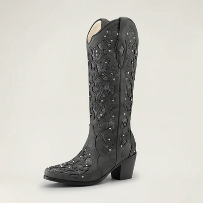Yehaw BERNARDA black vegan leather mid-calf cowgirl boots with intricate embroidery and sparkling rhinestone details.