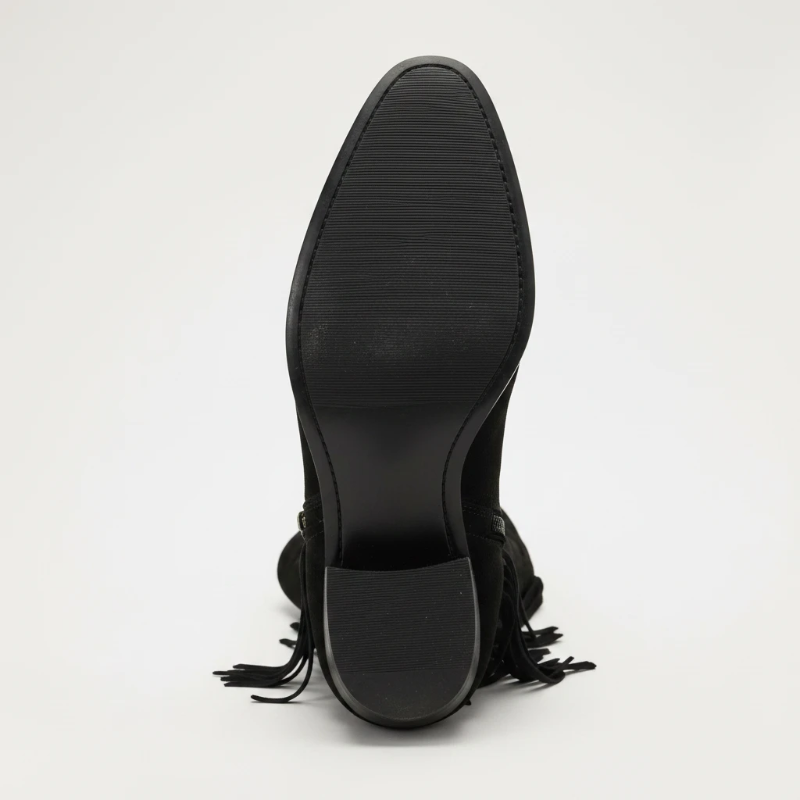 Yehaw black vegan suede mid-calf cowgirl boots with fringe detailing and a pointed toe