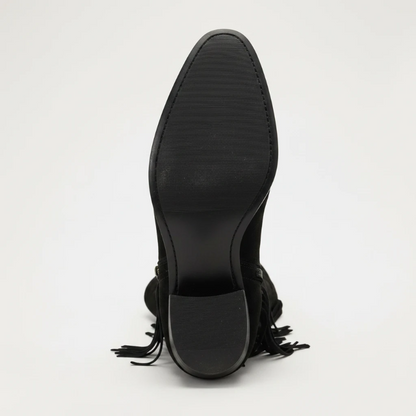 Yehaw black vegan suede mid-calf cowgirl boots with fringe detailing and a pointed toe