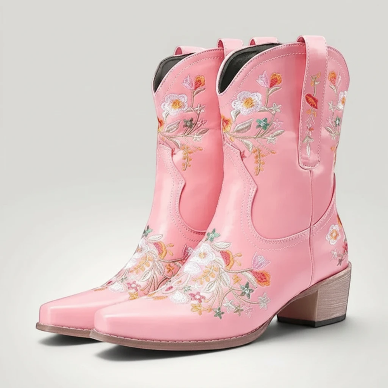 Yehaw pink vegan leather ankle cowgirl boots with pointed toes and colourful floral embroidery