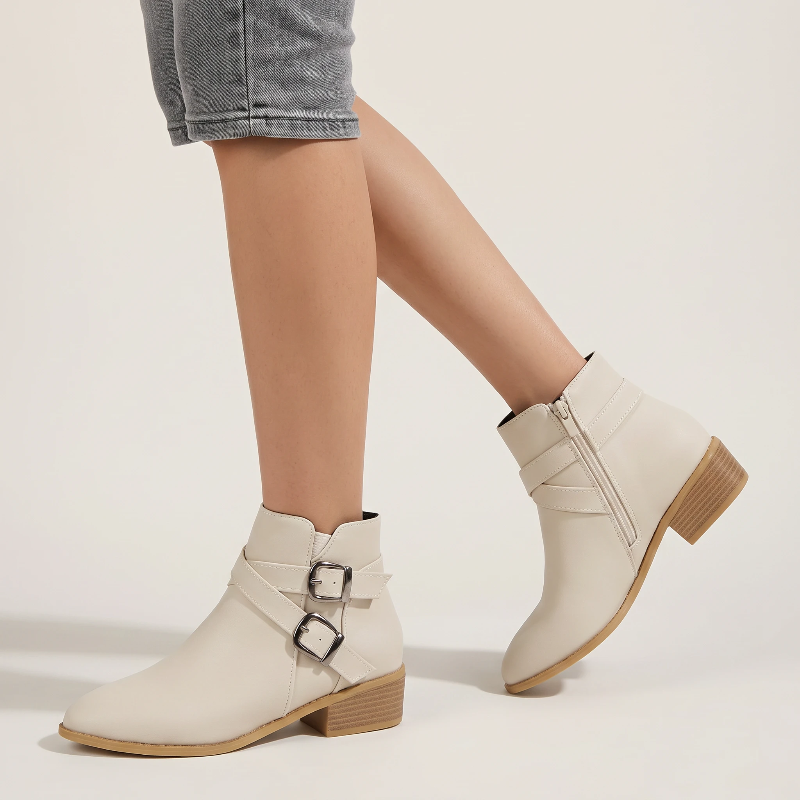 Yehaw beige vegan leather ankle cowboy boots for women with double buckle straps and a medium block heel
