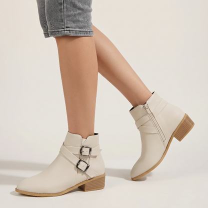 Yehaw beige vegan leather ankle cowboy boots for women with double buckle straps and a medium block heel