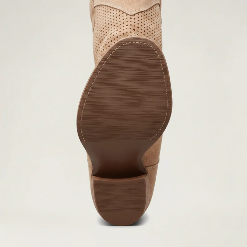 Yehaw light brown vegan leather ankle cowgirl boots with perforated shaft detail and a comfortable medium block heel.
