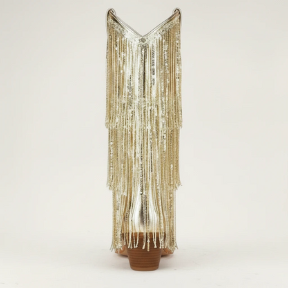 Yehaw gold vegan leather mid-calf cowgirl boots with long shimmering fringe and a pointed toe.