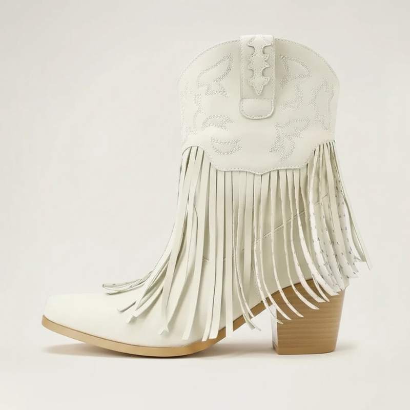 Yehaw DALIA beige vegan leather ankle cowgirl boots with fringe detailing and a medium block heel.