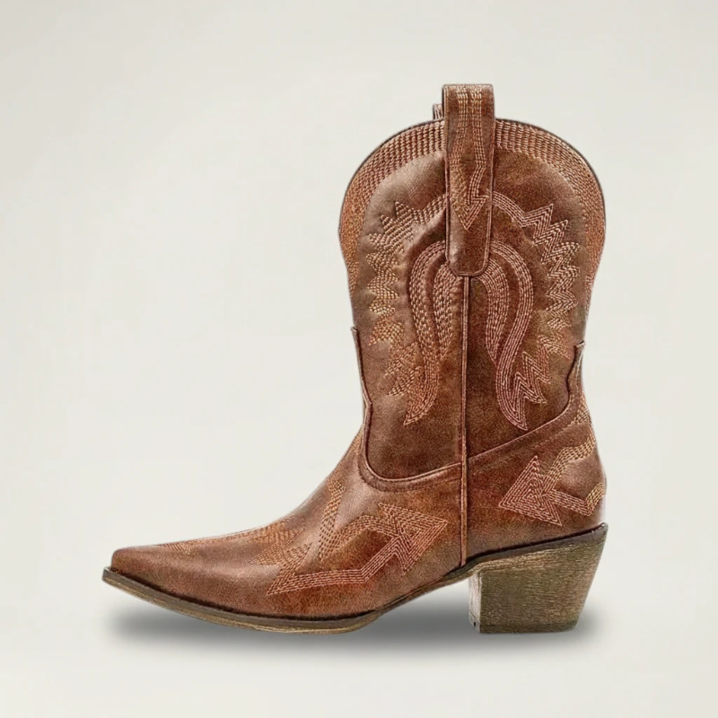 Yehaw brown vegan leather ankle cowboy boots with pointed toe, high heel, and decorative western stitching