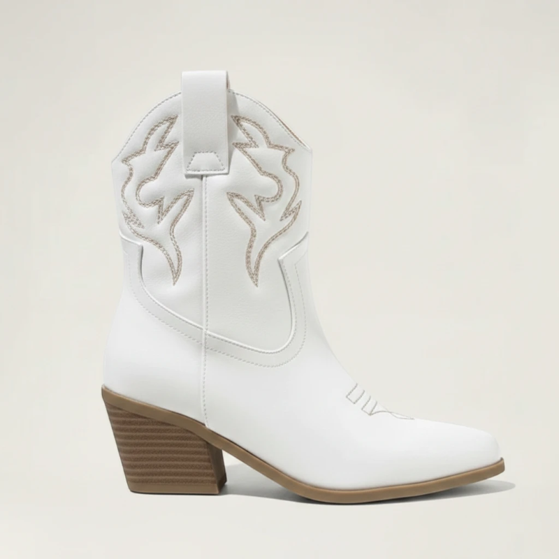 Yehaw white vegan leather ankle-height cowgirl boots with pointed toe and high heel.