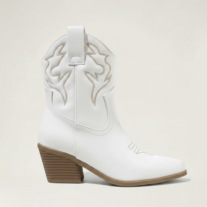 Yehaw white vegan leather ankle-height cowgirl boots with pointed toe and high heel.
