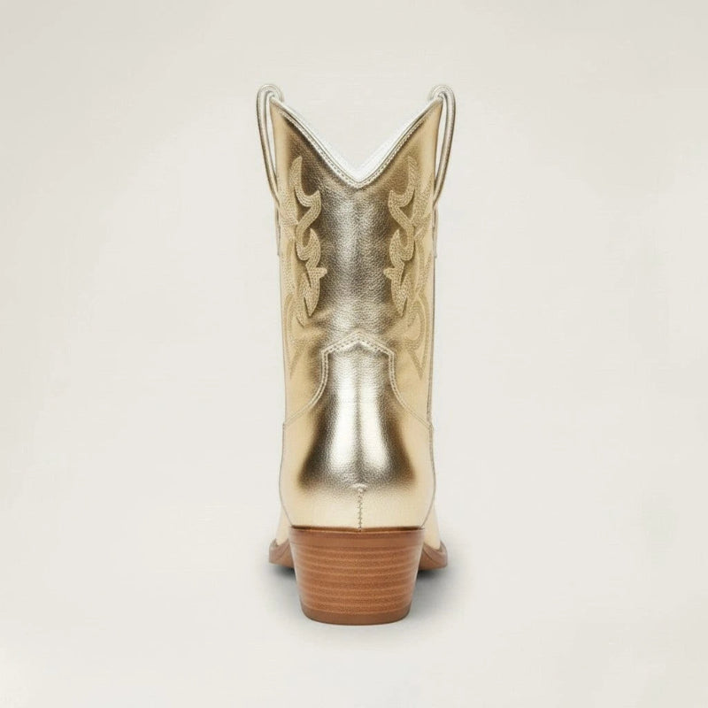 Yehaw CARLA ankle cowgirl boots in metallic gold vegan leather with pointed toe and western embroidery
