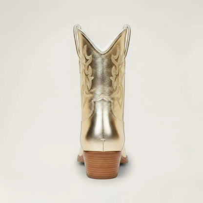 Yehaw CARLA ankle cowgirl boots in metallic gold vegan leather with pointed toe and western embroidery