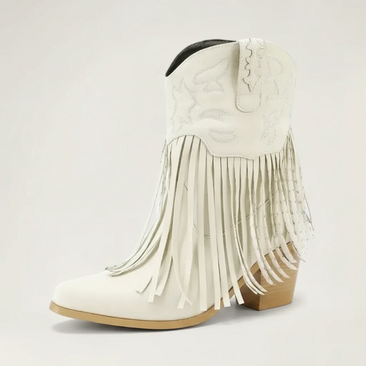 Yehaw DALIA beige vegan leather ankle cowgirl boots with fringe detailing and a medium block heel.