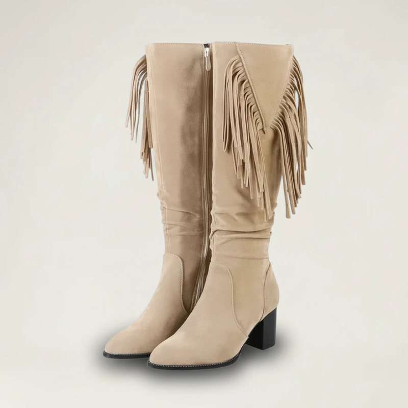 Yehaw LULA beige vegan suede knee-high cowgirl boots with fringe detail and block heel