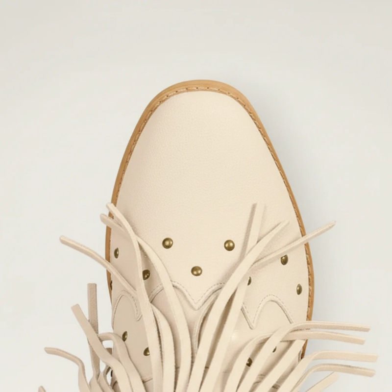 Yehaw beige vegan leather mid-calf cowgirl boots with fringe detailing, round toe, and side zip closure.