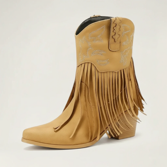Yehaw DALIA brown vegan leather ankle cowgirl boots with fringe detailing and pointed toe