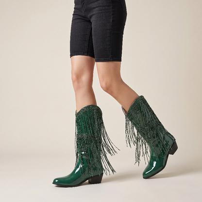 Yehaw TAMMIE green vegan leather mid-calf cowgirl boots with pointed toe and decorative fringe detailing