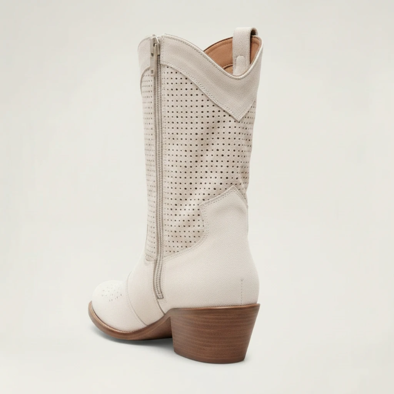 Yehaw beige vegan leather ankle cowgirl boots with a perforated shaft and a medium block heel.