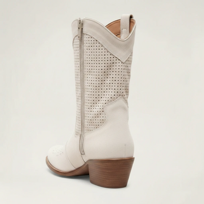 Yehaw beige vegan leather ankle cowgirl boots with a perforated shaft and a medium block heel.