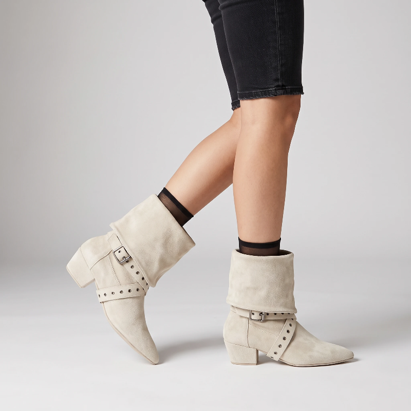 Yehaw JOSIE beige vegan suede mid-calf cowgirl boots with a low heel, round toe, and decorative buckled strap detail.