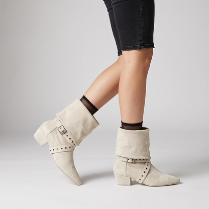 Yehaw JOSIE beige vegan suede mid-calf cowgirl boots with a low heel, round toe, and decorative buckled strap detail.