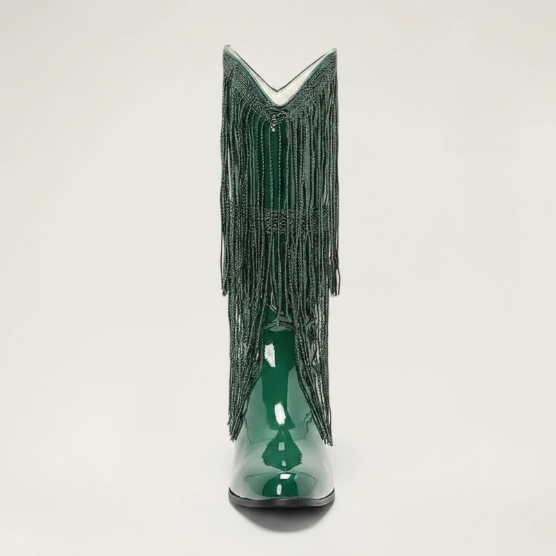 Yehaw TAMMIE green vegan leather mid-calf cowgirl boots with pointed toe and decorative fringe detailing