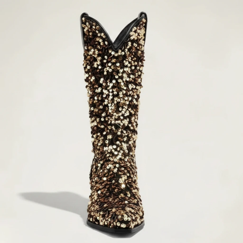 Yehaw CALAMITY mid-calf cowgirl boots in gold vegan glitter with a pointed toe and medium heel.