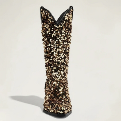 Yehaw CALAMITY mid-calf cowgirl boots in gold vegan glitter with a pointed toe and medium heel.