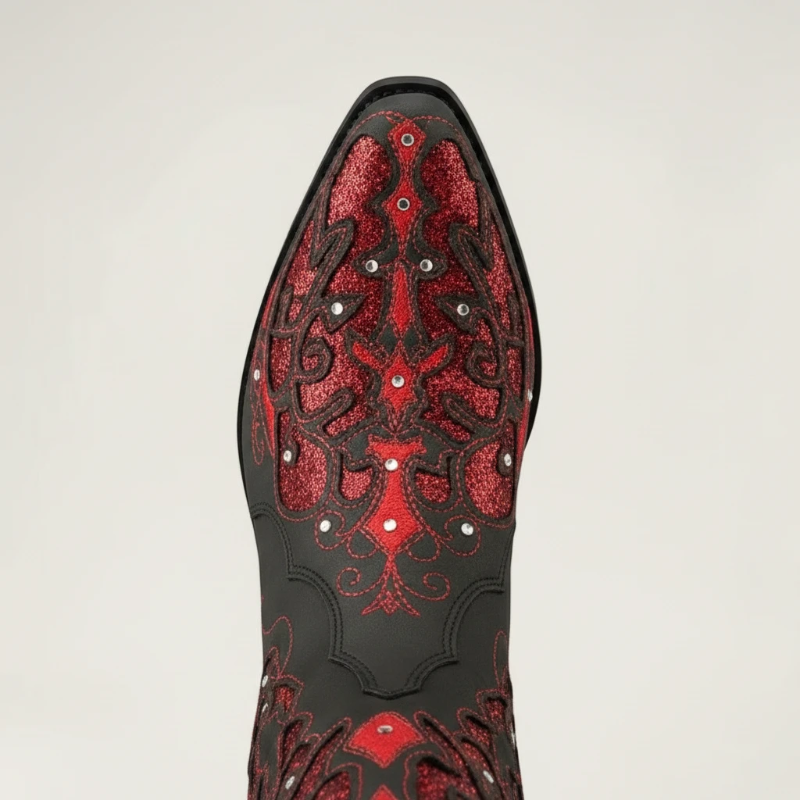 Yehaw Bernarda mid-calf cowgirl boots in black vegan leather with red glitter embroidery and pointed toe design