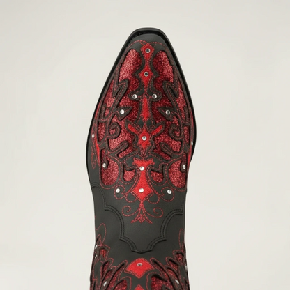 Yehaw Bernarda mid-calf cowgirl boots in black vegan leather with red glitter embroidery and pointed toe design