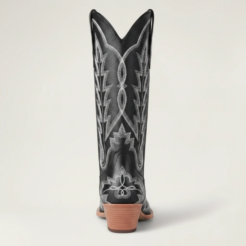 Yehaw SALLY black vegan leather mid-calf cowgirl boots with white western embroidery and a square toe