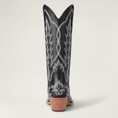 Yehaw SALLY black vegan leather mid-calf cowgirl boots with white western embroidery and a square toe