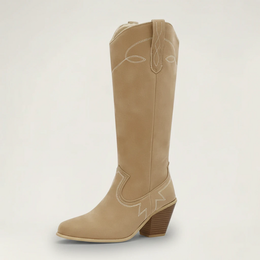 Yehaw VERA beige vegan suede mid-calf cowgirl boots with round toe and high block heel