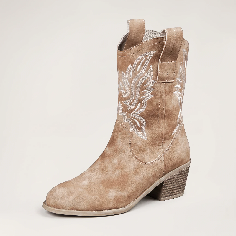 Yehaw BARBARA brown vegan suede ankle cowboy boots with white western embroidery and a medium block heel