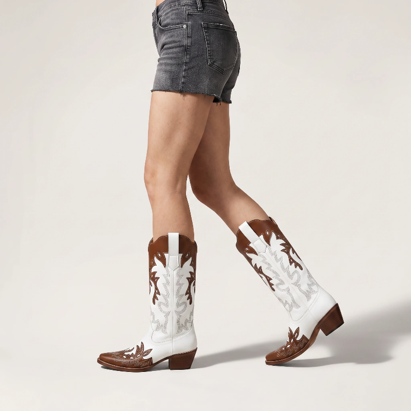 Yehaw PEARL mid-calf cowgirl boots in white and brown vegan leather with pointed toe and western embroidery