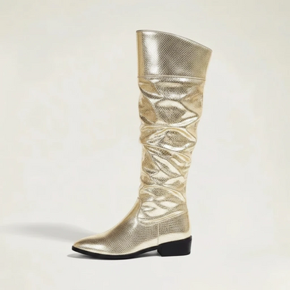 Yehaw CLEM gold vegan microfibre mid-calf cowgirl boots with a pointed toe and low heel.