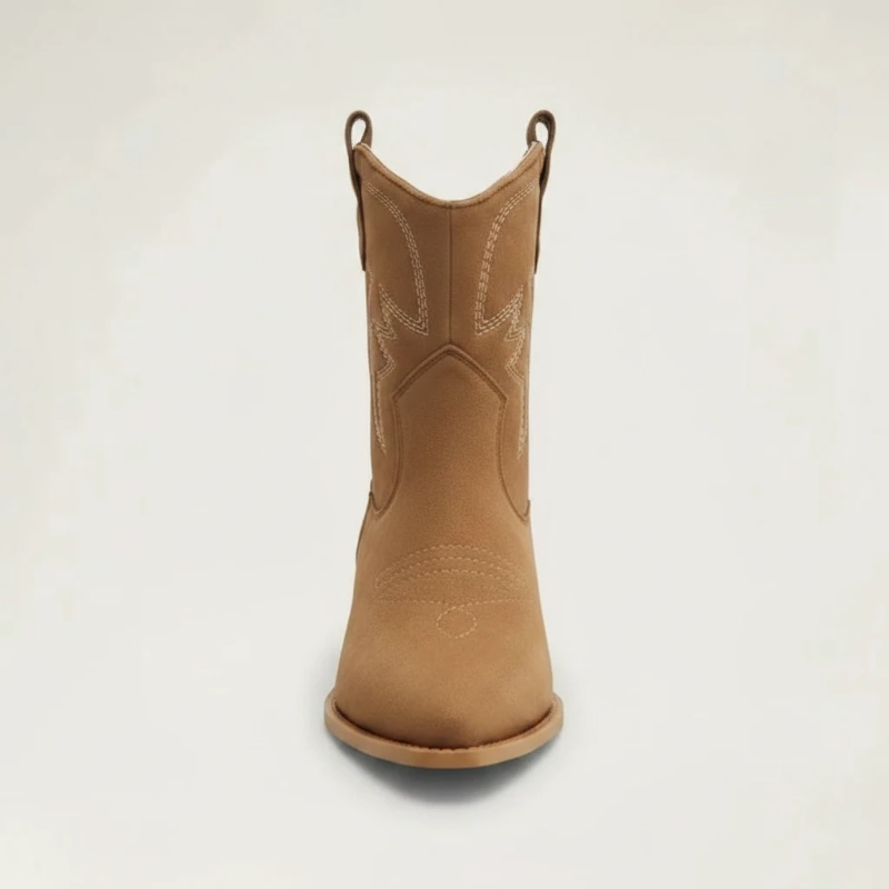 Yehaw brown vegan suede ankle cowboy boots with pointed toe, western stitching, and medium block heel