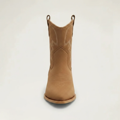 Yehaw brown vegan suede ankle cowboy boots with pointed toe, western stitching, and medium block heel