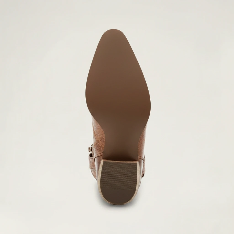 Yehaw brown vegan leather ankle cowboy boots with pointed toe, high heel, and decorative western stitching