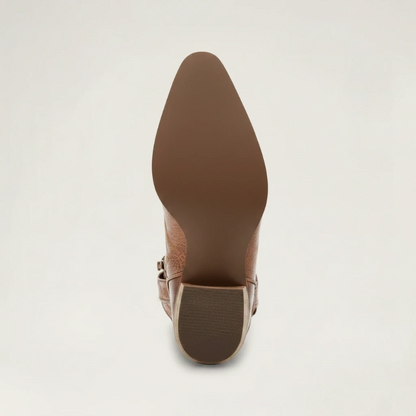 Yehaw brown vegan leather ankle cowboy boots with pointed toe, high heel, and decorative western stitching