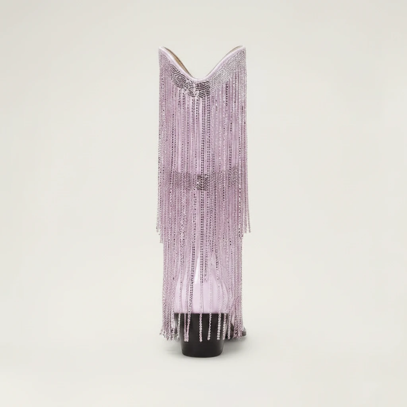 Yehaw TAMMIE pink vegan leather mid-calf cowgirl boots with pointed toe and decorative metallic fringe detailing.