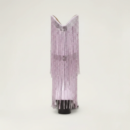 Yehaw TAMMIE pink vegan leather mid-calf cowgirl boots with pointed toe and decorative metallic fringe detailing.