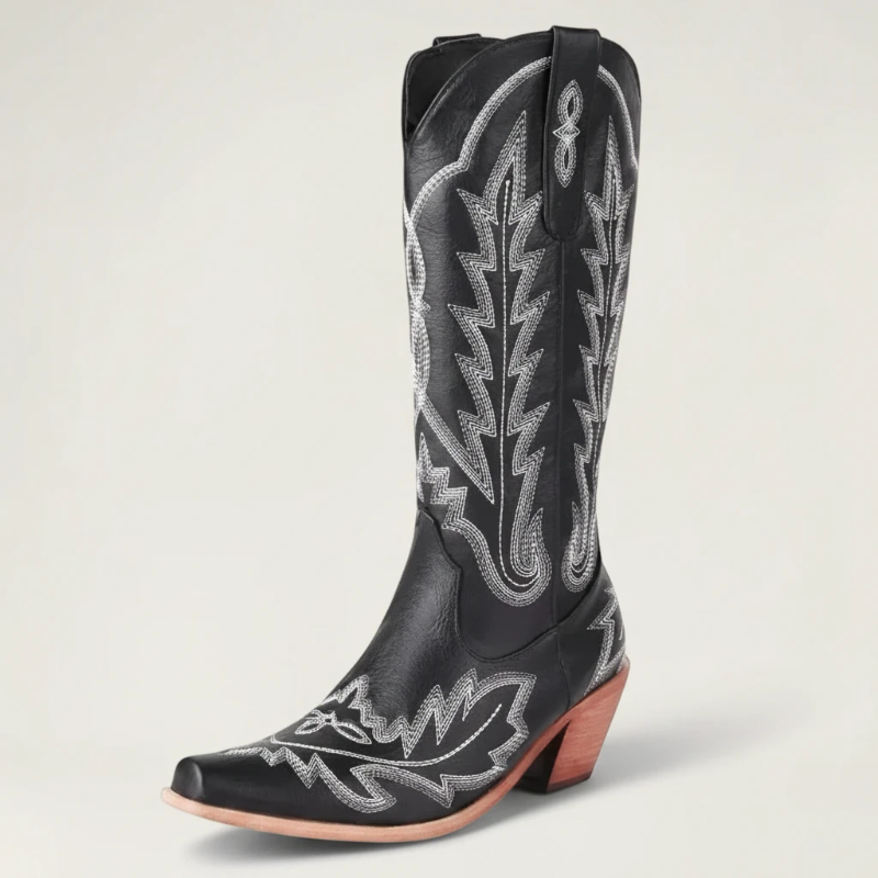 Yehaw SALLY black vegan leather mid-calf cowgirl boots with white western embroidery and a square toe