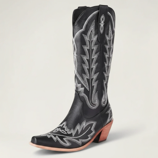 Yehaw SALLY black vegan leather mid-calf cowgirl boots with white western embroidery and a square toe