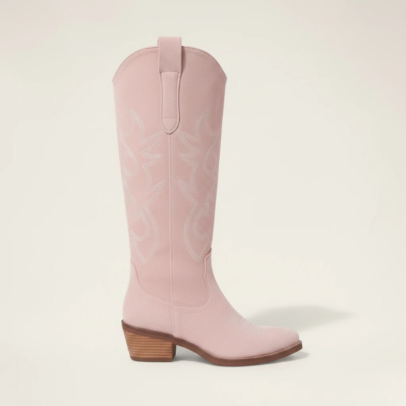 Yehaw pink vegan suede mid-calf cowgirl boots with round toe, western stitching, and medium block heel