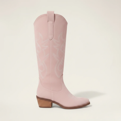 Yehaw pink vegan suede mid-calf cowgirl boots with round toe, western stitching, and medium block heel