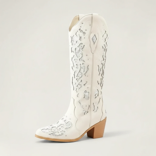 Yehaw BERNARDA beige vegan leather mid-calf cowgirl boots with silver glitter cutout details and a pointed toe.